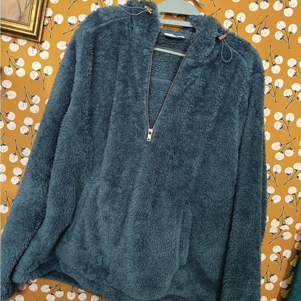 RBX Active Grey Blue Quarter Zip Sherpa Hooded Pullover